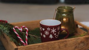 Preview wallpaper box, cup, candy canes, branch, new year, christmas