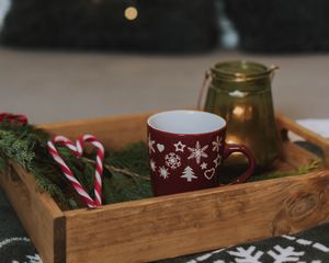 Preview wallpaper box, cup, candy canes, branch, new year, christmas