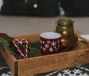 Preview wallpaper box, cup, candy canes, branch, new year, christmas
