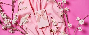 Preview wallpaper box, ribbon, gift, fabric, flowers, branches, pink