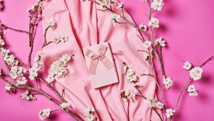 Preview wallpaper box, ribbon, gift, fabric, flowers, branches, pink