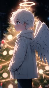 Preview wallpaper boy, angel, halo, wings, christmas tree, christmas, new year, anime