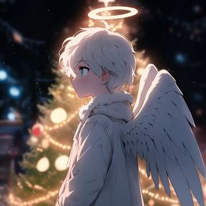 Preview wallpaper boy, angel, halo, wings, christmas tree, christmas, new year, anime