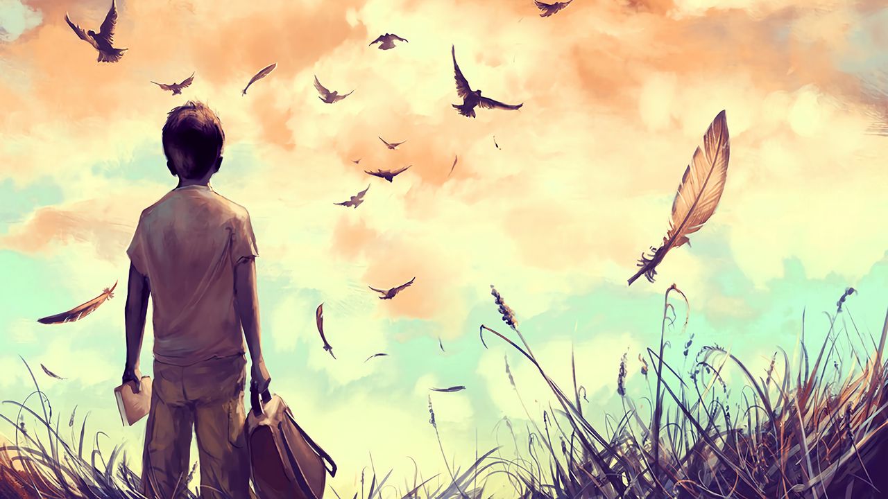 Wallpaper boy, birds, art, book, backpack, feathers, freedom