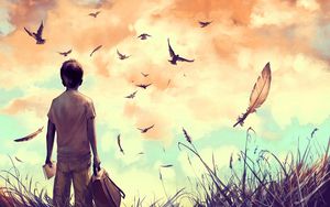 Preview wallpaper boy, birds, art, book, backpack, feathers, freedom