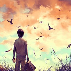 Preview wallpaper boy, birds, art, book, backpack, feathers, freedom