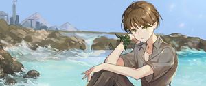 Preview wallpaper boy, elf, glance, sea, waves, anime, art, cartoon