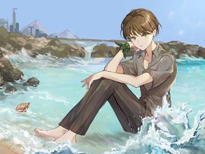 Preview wallpaper boy, elf, glance, sea, waves, anime, art, cartoon