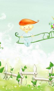 Preview wallpaper boy, fence sitting, painting, paint, color, nature
