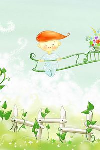 Preview wallpaper boy, fence sitting, painting, paint, color, nature