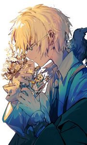 Preview wallpaper boy, flowers, bouquet, raven, anime
