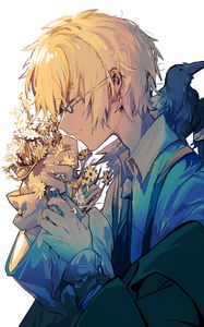 Preview wallpaper boy, flowers, bouquet, raven, anime
