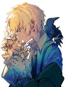 Preview wallpaper boy, flowers, bouquet, raven, anime