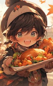 Preview wallpaper boy, food, blush, autumn, anime, art