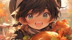 Preview wallpaper boy, food, blush, autumn, anime, art