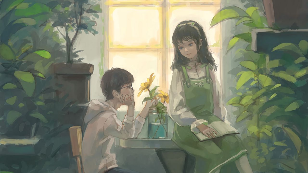 Wallpaper boy, girl, art, greenhouse, flowers, window