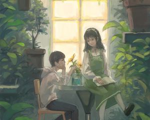 Preview wallpaper boy, girl, art, greenhouse, flowers, window