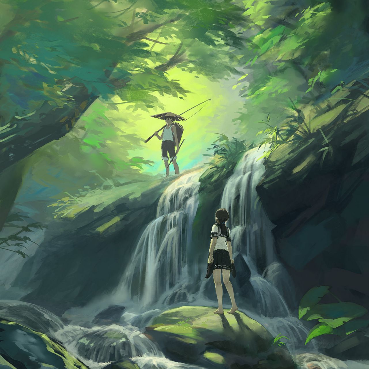 Download wallpaper 1280x1280 boy, girl, waterfall, art, forest, jungle ipad, ipad 2, ipad mini for parallax hd background Download wallpaper 1280x1280 boy, girl, waterfall, art, forest, jungle ipad, ipad 2, ipad mini for parallax hd background