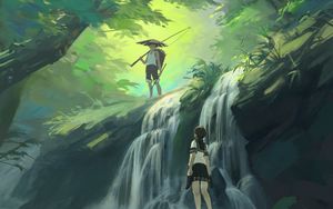 Preview wallpaper boy, girl, waterfall, art, forest, jungle
