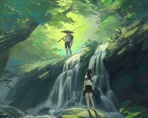 Preview wallpaper boy, girl, waterfall, art, forest, jungle