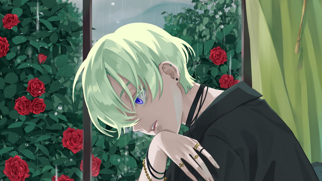 Wallpaper boy, glance, window, roses, garden, anime