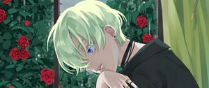 Preview wallpaper boy, glance, window, roses, garden, anime