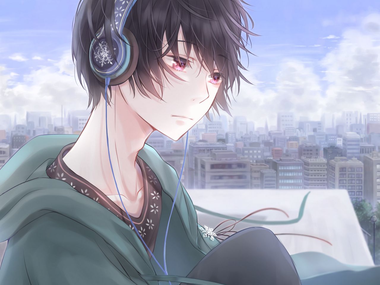AI Image Generator Anime style boy with dark blue hair using headphone