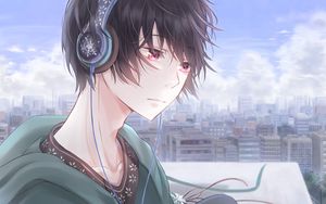 Preview wallpaper boy, headphones, music, sad, anime