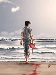 Preview wallpaper boy, heart, shore, beach, water, sky, clouds