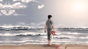 Preview wallpaper boy, heart, shore, beach, water, sky, clouds