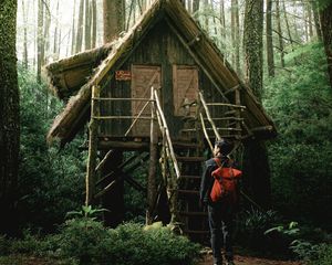 Preview wallpaper boy, house, forest, solitude, harmony, nature