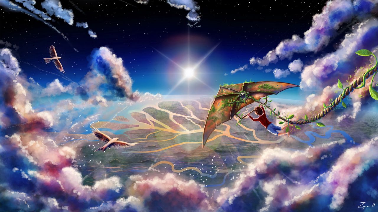 Wallpaper boy, kite, clouds, flight, art