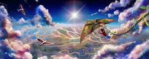 Preview wallpaper boy, kite, clouds, flight, art