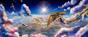 Preview wallpaper boy, kite, clouds, flight, art