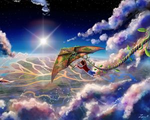 Preview wallpaper boy, kite, clouds, flight, art