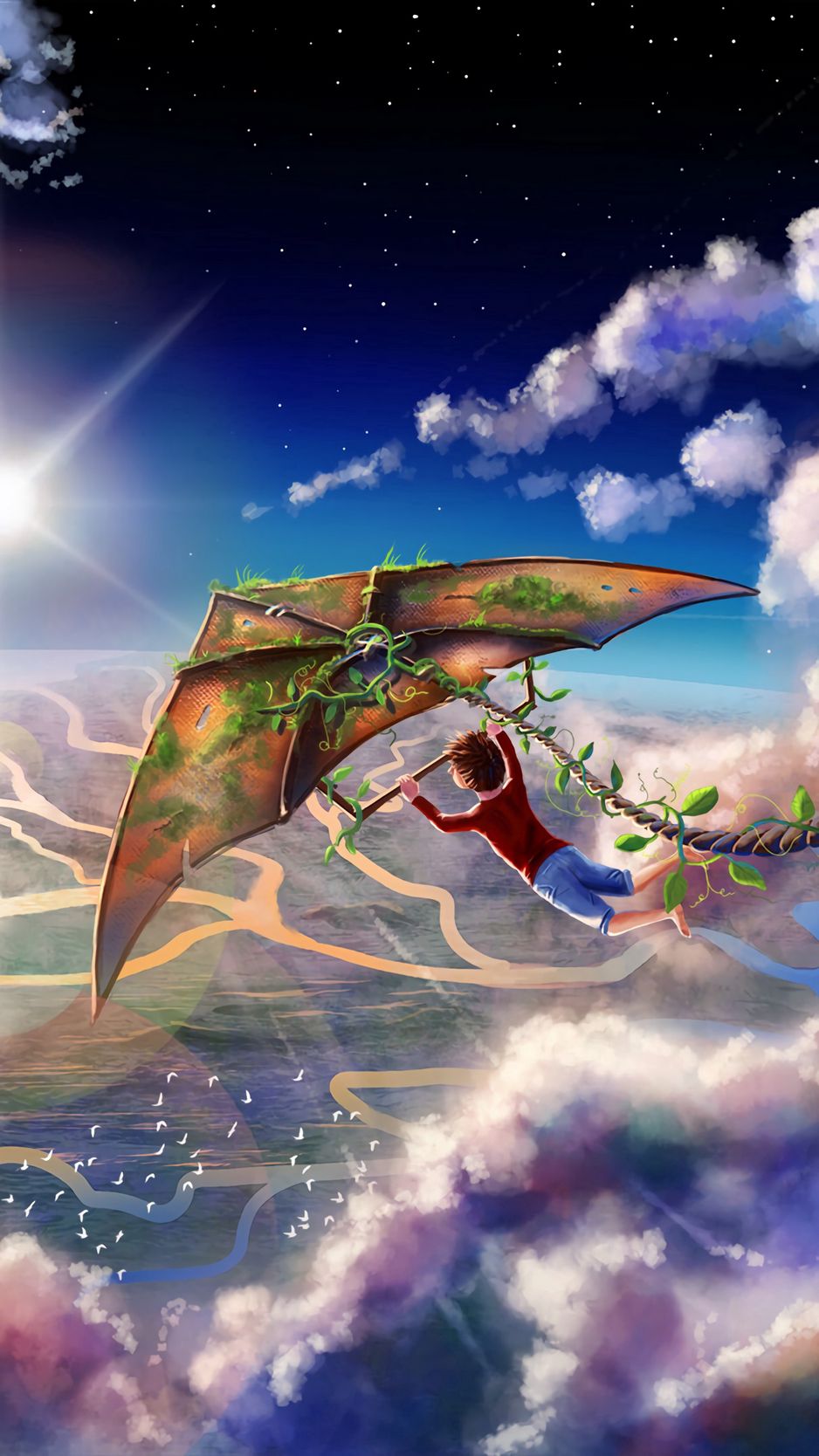 Download wallpaper 938x1668 boy, kite, clouds, flight, art iphone 8/7/6s/6  for parallax hd background