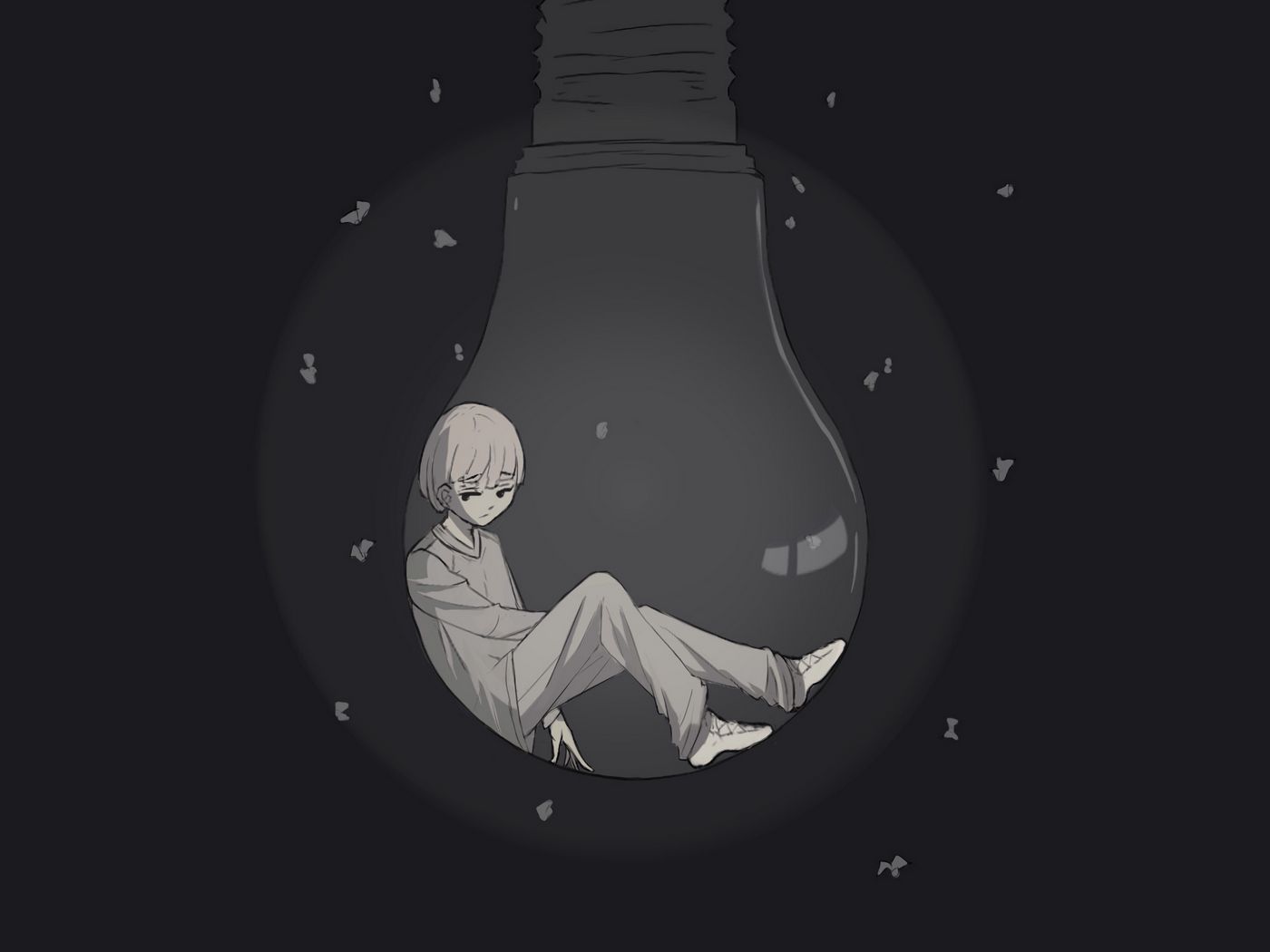 1400x1050 Wallpaper boy, light bulb, sadness, alone, anime, black and white