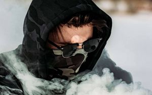Preview wallpaper boy, mask, smoke, glasses, hood
