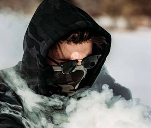 Preview wallpaper boy, mask, smoke, glasses, hood