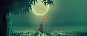 Preview wallpaper boy, monk, fog, moon, child, umbrella, buddhism