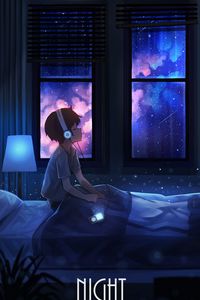 Preview wallpaper boy, night, headphones, starry sky, art