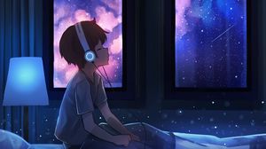 Preview wallpaper boy, night, headphones, starry sky, art