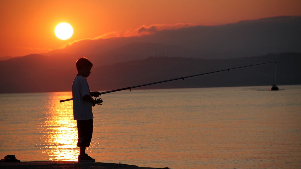 Wallpaper boy, river, lake, fishing, fishing rod, sunset, hills