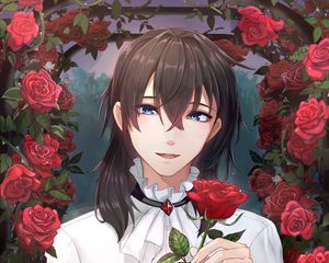 Preview wallpaper boy, roses, flowers, anime