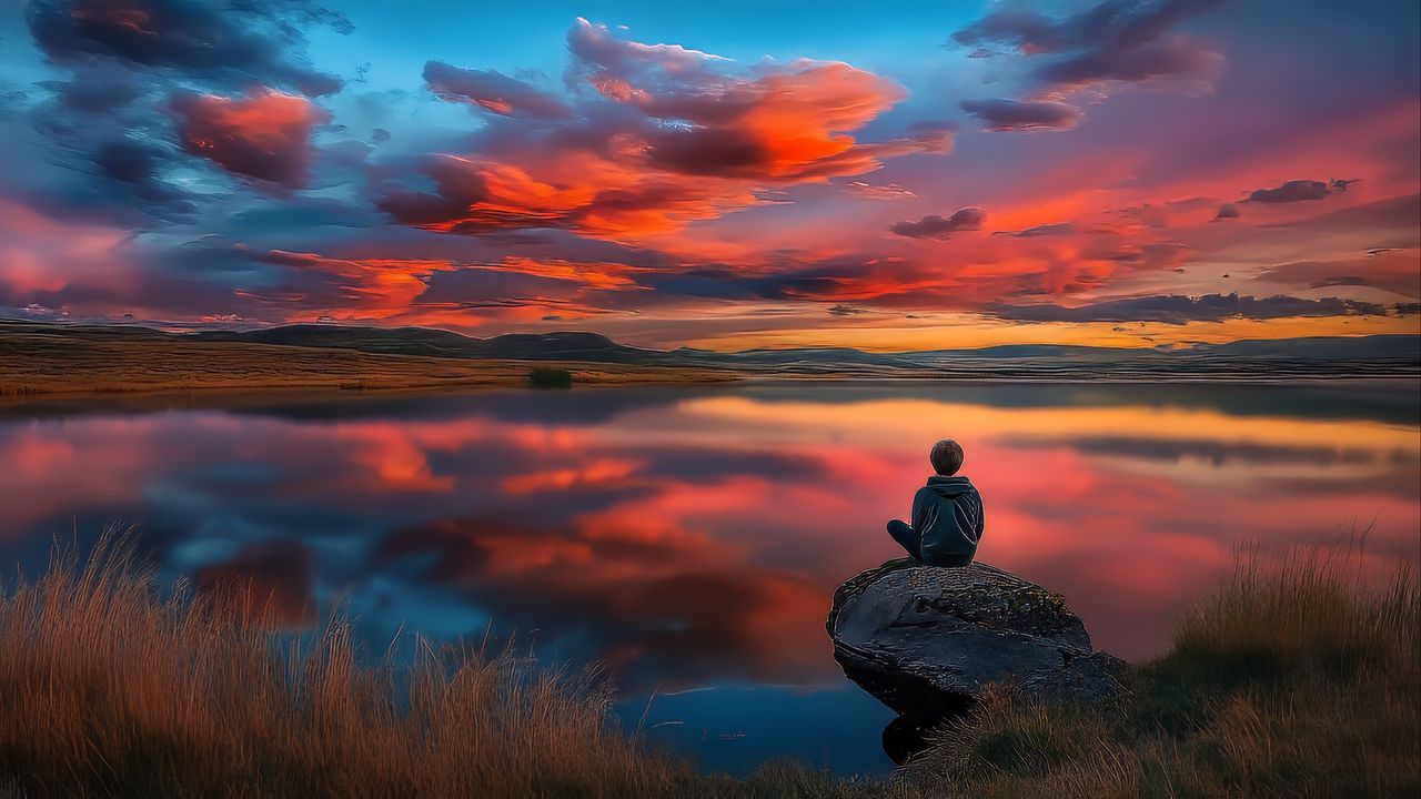 Wallpaper boy, silhouette, lake, stone, sky, alone