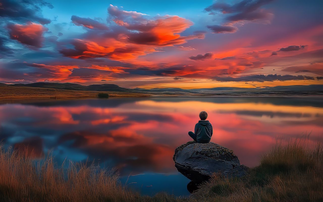 1280x800 Wallpaper boy, silhouette, lake, stone, sky, alone