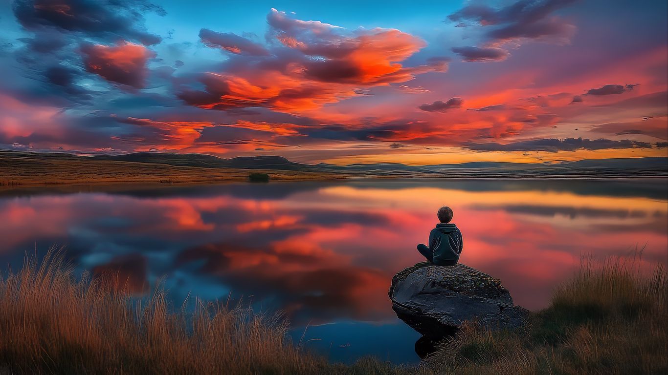 1366x768 Wallpaper boy, silhouette, lake, stone, sky, alone