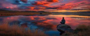 Preview wallpaper boy, silhouette, lake, stone, sky, alone