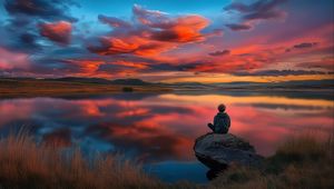 Preview wallpaper boy, silhouette, lake, stone, sky, alone
