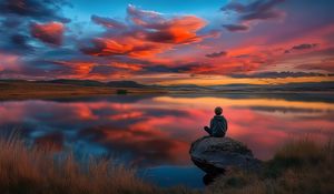 Preview wallpaper boy, silhouette, lake, stone, sky, alone